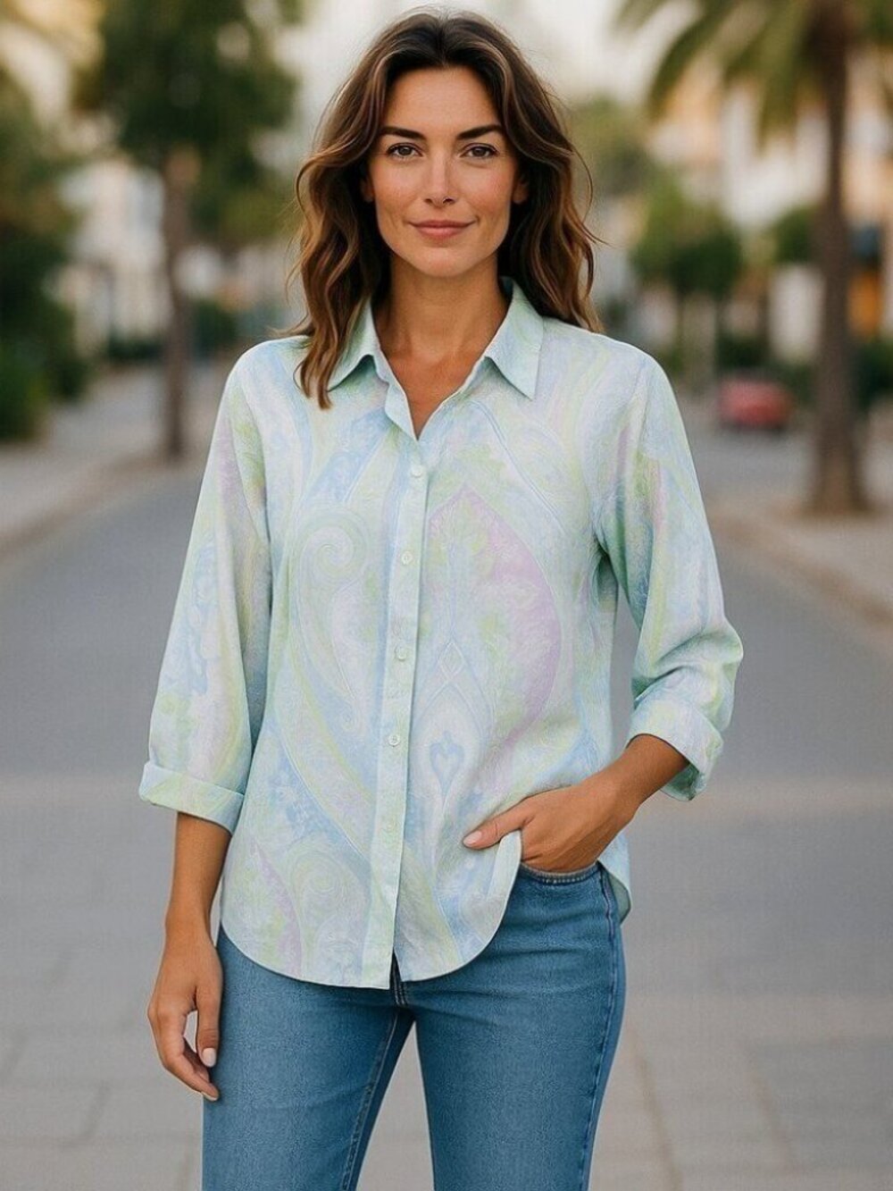 Lauren Ralph Lauren White Multicolor Paisley Button Up Top Size PL 3/4 Sleeve